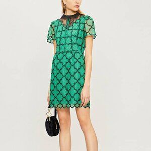 Sandro Ritta Green Contrast-Panel Floral-Lace Tie-Neck Dress